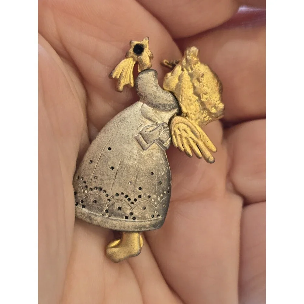 Vintage Angel Brooch Pin Two Tone Gold Silver Praying Angel Holding Flower #1225